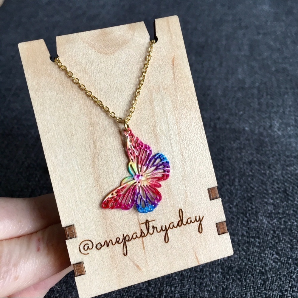 Butterfly Pendant Necklace Red Pink 18 Inches - Picture 7 of 17